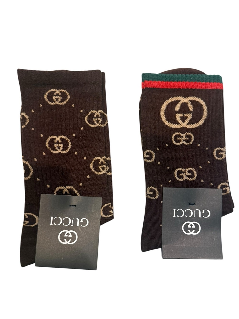 2 Pair Gucci Outlet Men's Logo Crew Socks in Brown and Tan with Web Stripe